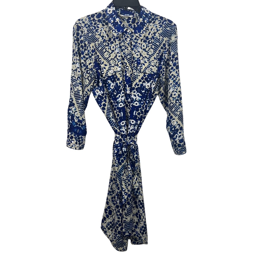 Cabi Women Blue Tan Geometric Kaleidoscope Print Shirt Dress Style 422 Large